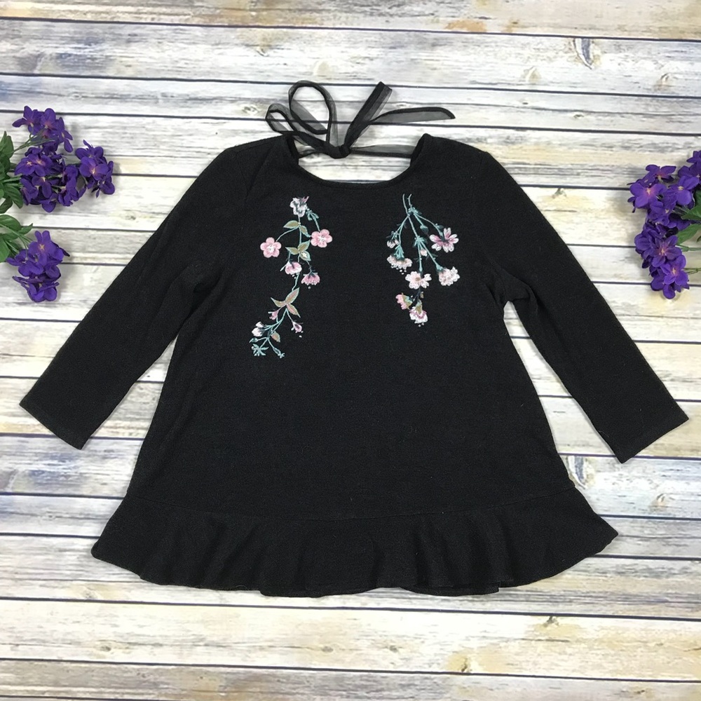 Lauren Conrad Floral Lightweight‎ Sweater Open Back Embroidery Blouse S Girly